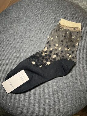 Sheer Polka Dot Ankle Socks with Metallic Cuff - Black and Gold